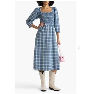 NWT Ganni Shirred Checked Cotton-blend Seersucker Midi Dress Blue DE 42 US 12